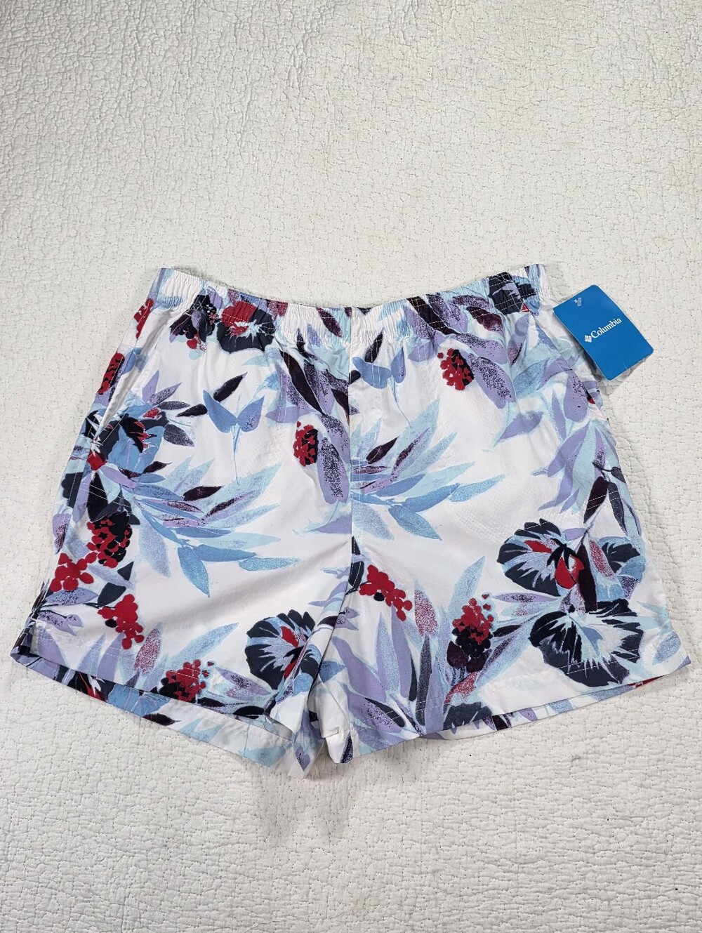 NWT Columbia Women's White Floral Athletic Shorts with Blue, Purple & Red Print
